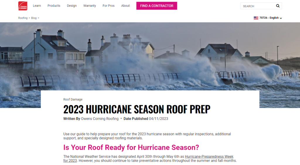 Owens Corning Blog Screenshot: 2023 Prepping Your Roof for Hurricanes